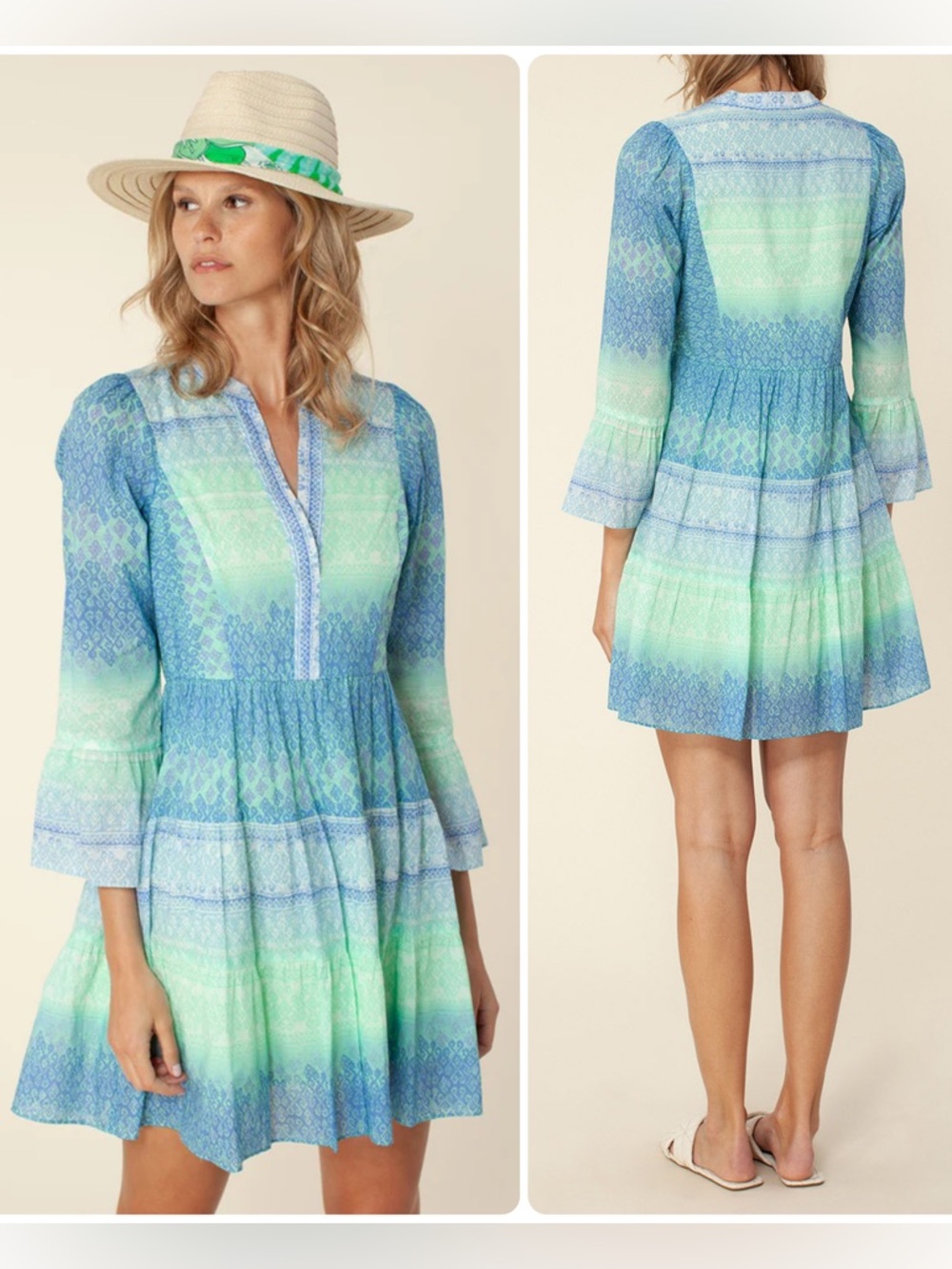 Hale Bob Marin Voile Cotton Tiered V-Neck  Resort Mini Dress NWT $268